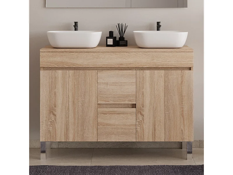 Meuble de salle de bain 120cm sur pieds avec plateau et deux cuves à poser arrondies - sans miroir - portes et tiroirs - cambrian (chêne clair) - HARO