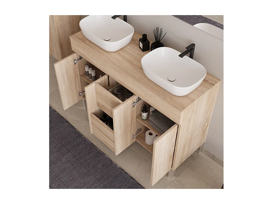 Meuble de salle de bain 120cm sur pieds avec plateau et deux cuves à poser arrondies - sans miroir - portes et tiroirs - cambrian (chêne clair) - HARO