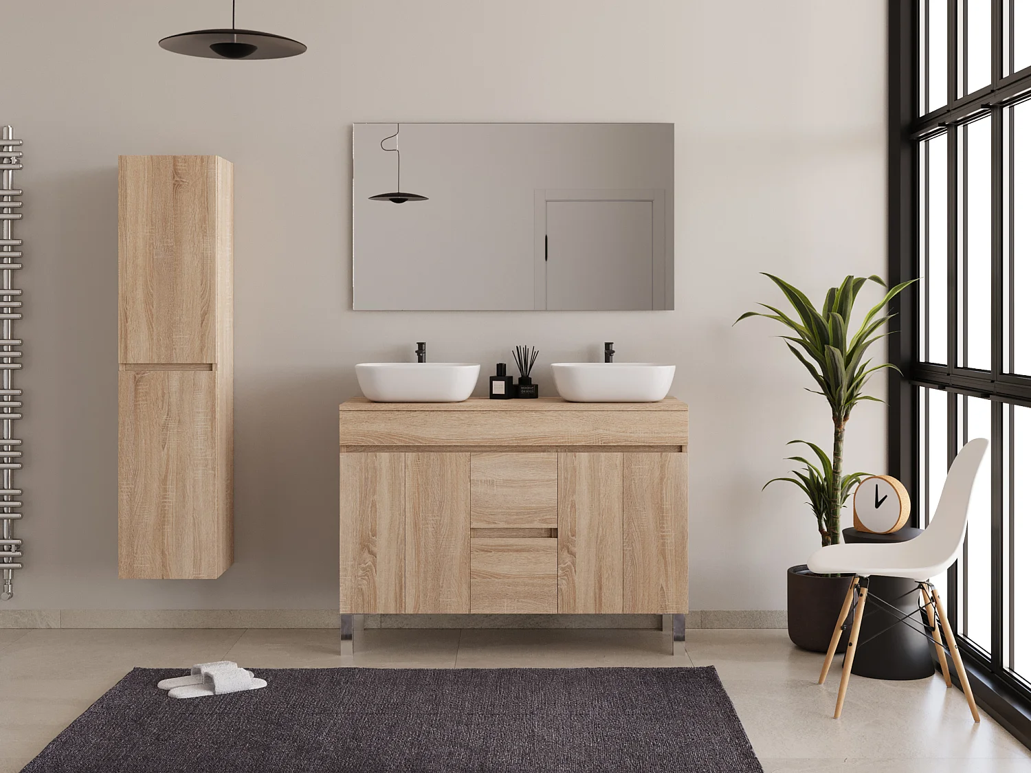 Meuble de salle de bain 120cm sur pieds avec plateau et deux cuves à poser arrondies - sans miroir - portes et tiroirs - cambrian (chêne clair) - HARO