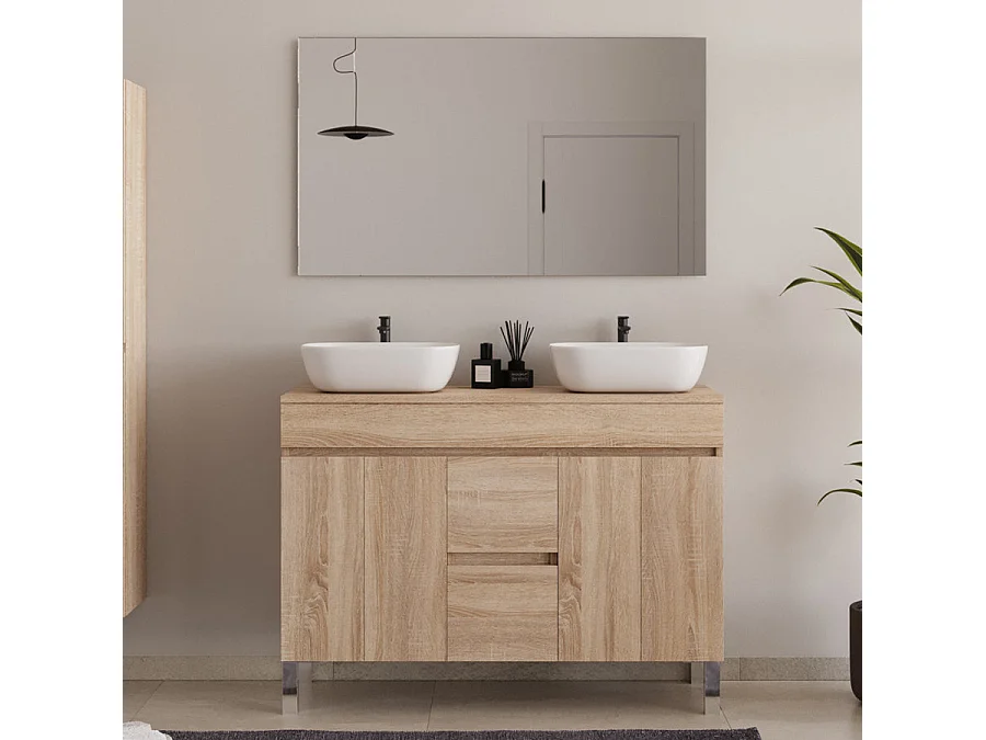 Meuble de salle de bain 120cm sur pieds avec plateau et deux cuves à poser arrondies - sans miroir - portes et tiroirs - cambrian (chêne clair) - HARO