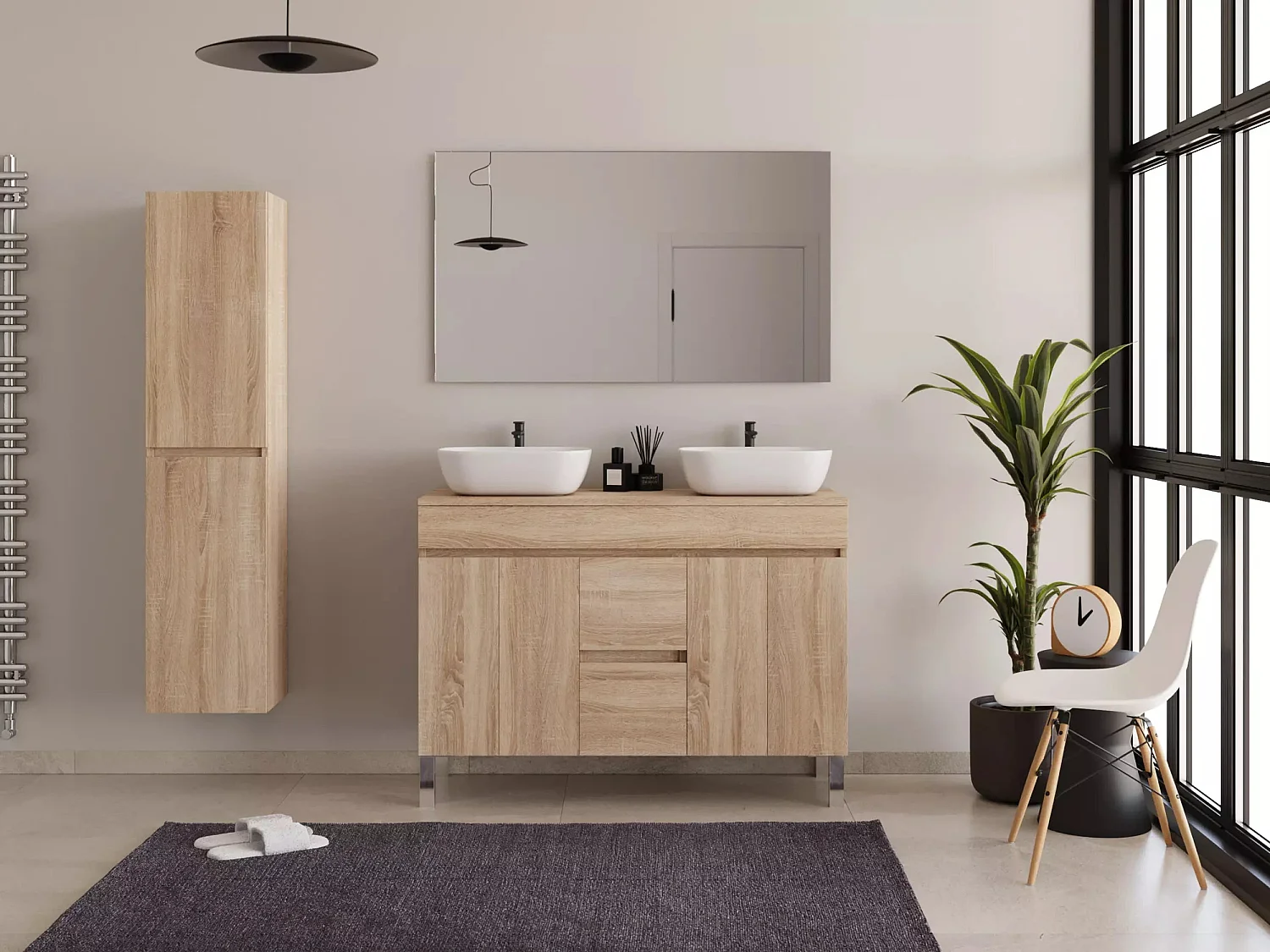 Meuble de salle de bain 120cm sur pieds avec plateau et deux cuves à poser arrondies - sans miroir - portes et tiroirs - cambrian (chêne clair) - HARO