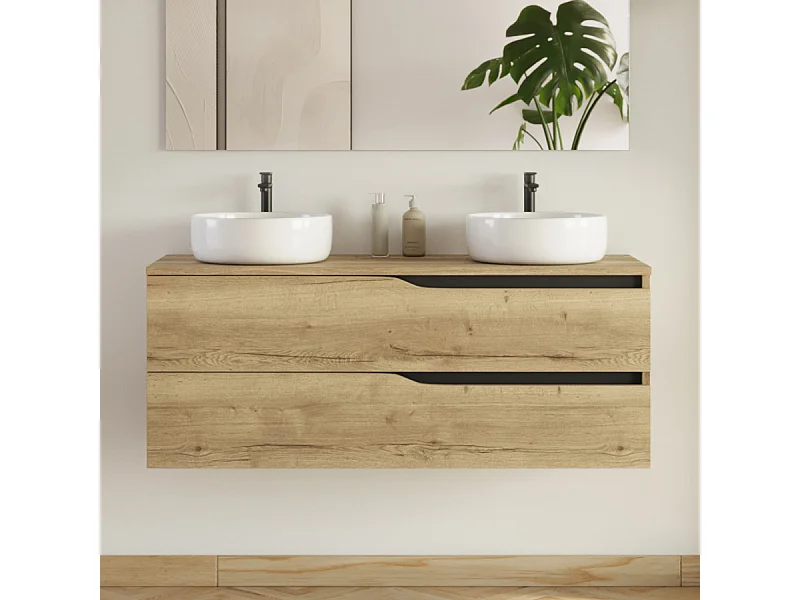 Meuble de salle de bain 120cm avec plateau et 2 vasques à poser Ares - 2 tiroirs - sans miroir - madera miel (bois clair) - LUNA