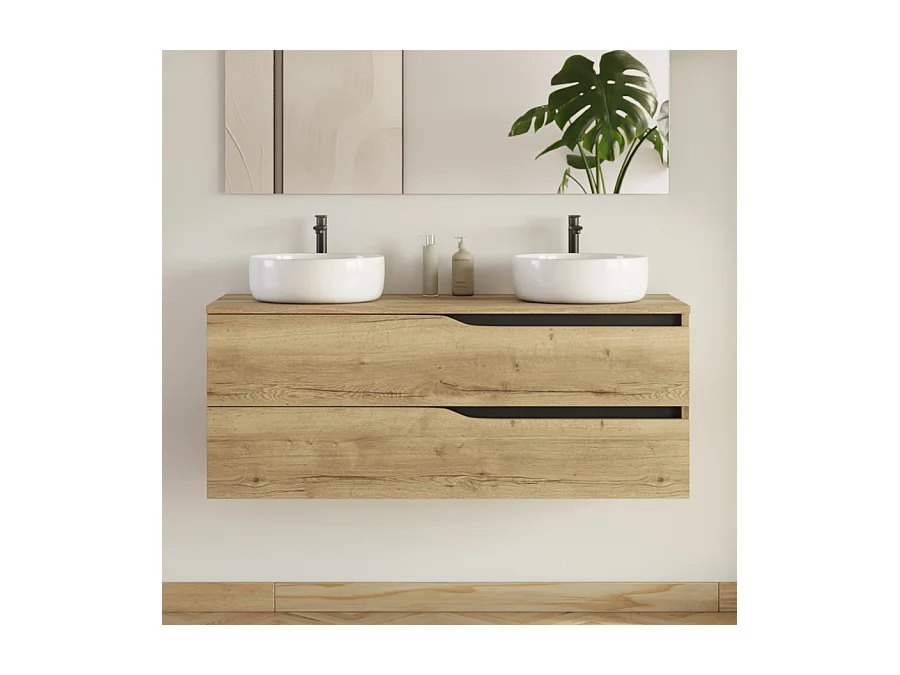 Meuble de salle de bain 120cm avec plateau et 2 vasques à poser Ares - 2 tiroirs - sans miroir - madera miel (bois clair) - LUNA
