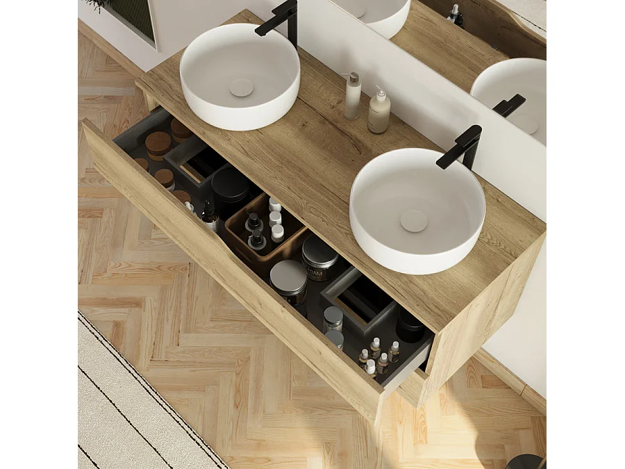 Meuble de salle de bain 120cm avec plateau et 2 vasques à poser Ares - 2 tiroirs - sans miroir - madera miel (bois clair) - LUNA