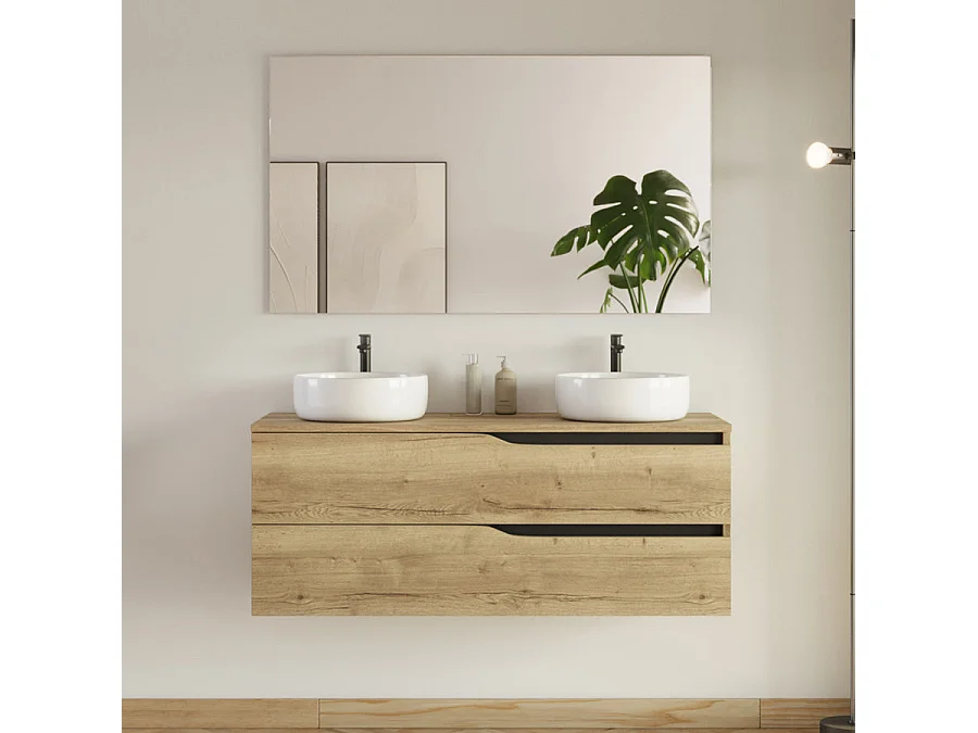Meuble de salle de bain 120cm avec plateau et 2 vasques à poser Ares - 2 tiroirs - sans miroir - madera miel (bois clair) - LUNA