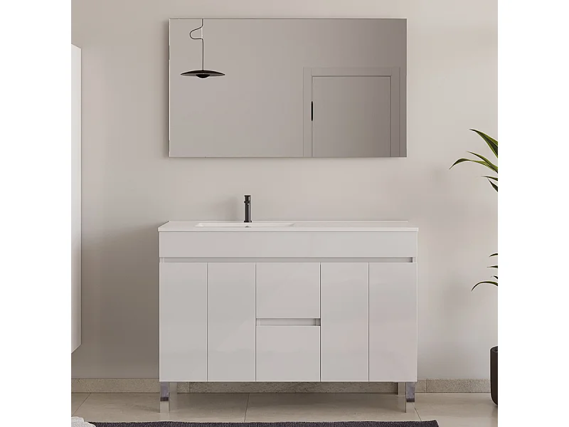 Meuble de salle de bain 120cm sur pieds avec vasque déporté - portes et tiroirs - blanc - HARO