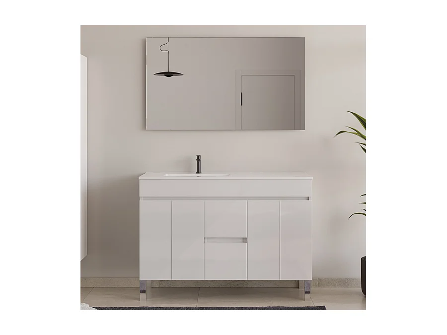 Meuble de salle de bain 120cm sur pieds avec vasque déporté - portes et tiroirs - blanc - HARO