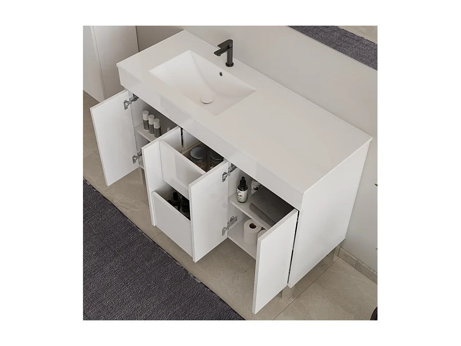 Meuble de salle de bain 120cm sur pieds avec vasque déporté - portes et tiroirs - blanc - HARO