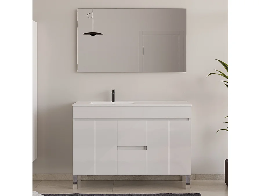 Meuble de salle de bain 120cm sur pieds avec vasque déporté - portes et tiroirs - blanc - HARO