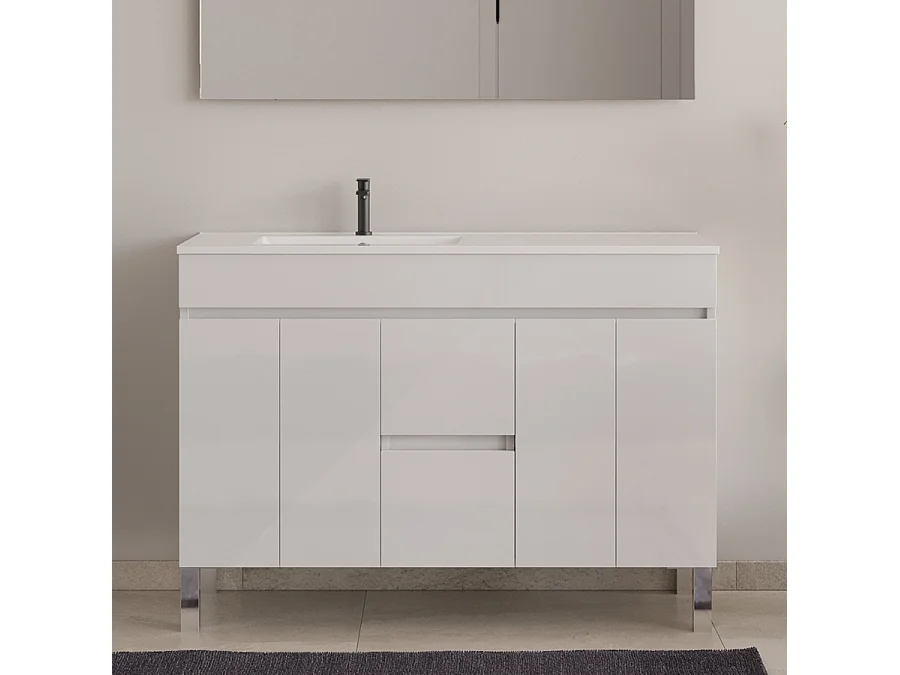 Meuble de salle de bain 120cm sur pieds avec vasque déporté - portes et tiroirs - blanc - HARO