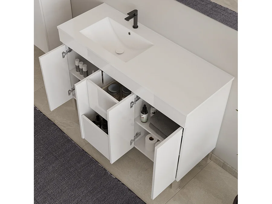 Meuble de salle de bain 120cm sur pieds avec vasque déporté - portes et tiroirs - blanc - HARO