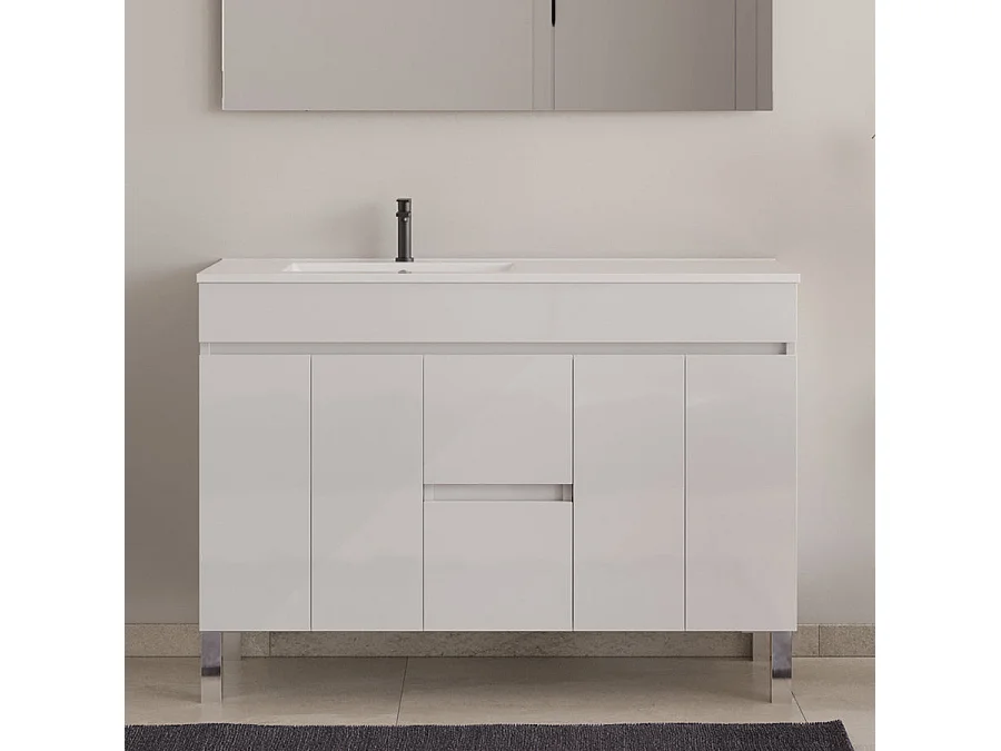 Meuble de salle de bain 120cm sur pieds avec vasque déporté - portes et tiroirs - blanc - HARO