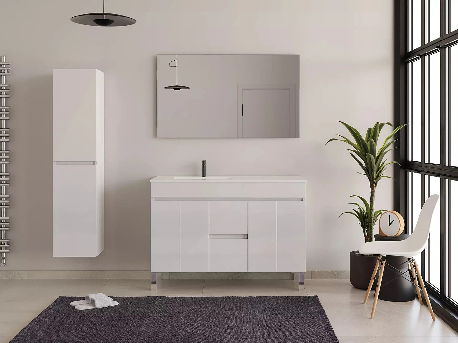 Meuble de salle de bain 120cm sur pieds avec vasque déporté - portes et tiroirs - blanc - HARO