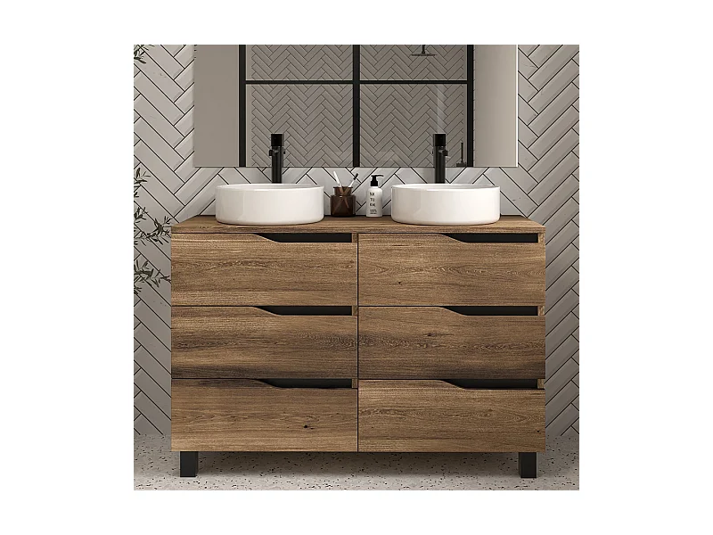 Meuble de salle de bain 120 avec plateau et 2 vasques à poser - sans miroir - 6 tiroirs - tabaco (bois foncé) - MATA