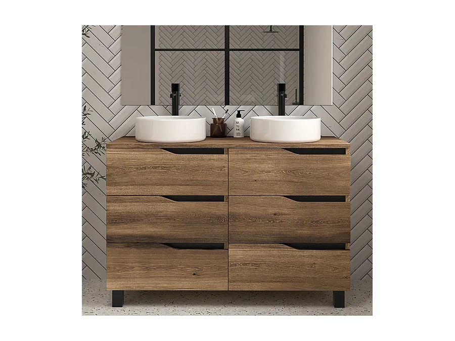 Meuble de salle de bain 120 avec plateau et 2 vasques à poser - sans miroir - 6 tiroirs - tabaco (bois foncé) - MATA
