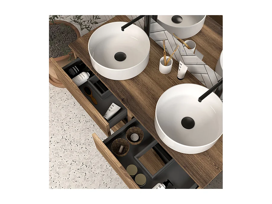Meuble de salle de bain 120 avec plateau et 2 vasques à poser - sans miroir - 6 tiroirs - tabaco (bois foncé) - MATA