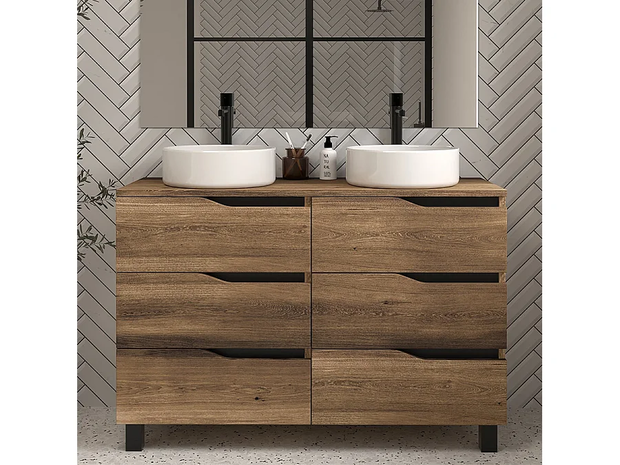 Meuble de salle de bain 120 avec plateau et 2 vasques à poser - sans miroir - 6 tiroirs - tabaco (bois foncé) - MATA