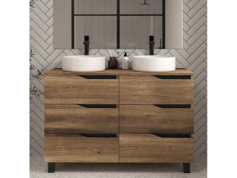 Meuble de salle de bain 120 avec plateau et 2 vasques à poser - sans miroir - 6 tiroirs - tabaco (bois foncé) - MATA