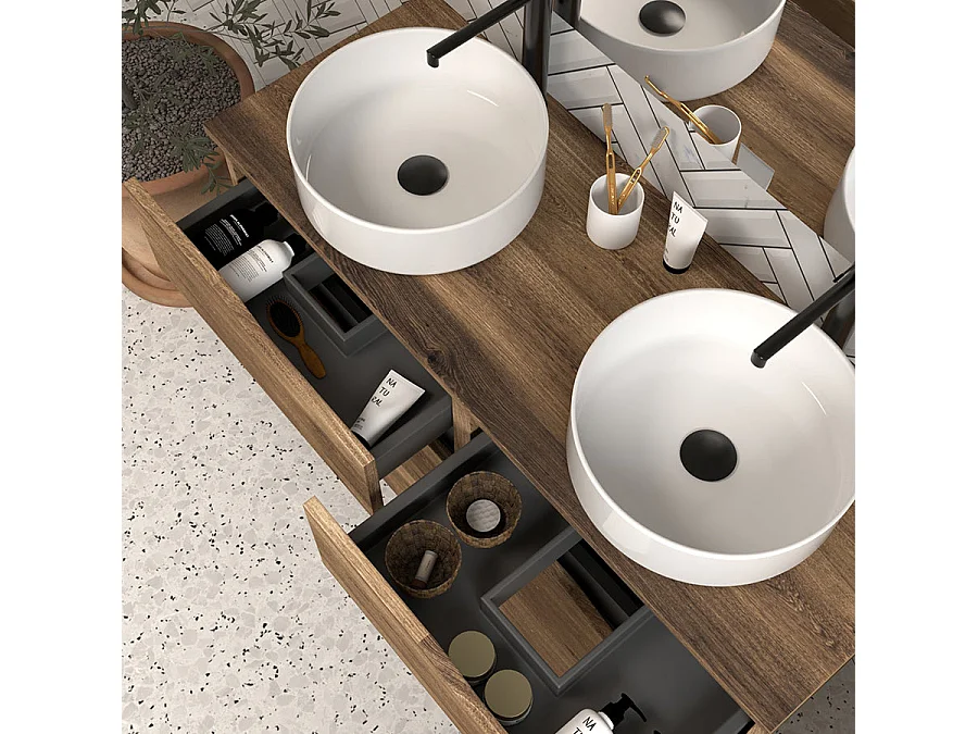 Meuble de salle de bain 120 avec plateau et 2 vasques à poser - sans miroir - 6 tiroirs - tabaco (bois foncé) - MATA