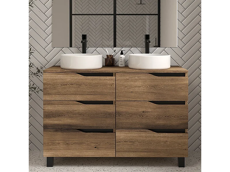 Meuble de salle de bain 120 avec plateau et 2 vasques à poser - sans miroir - 6 tiroirs - tabaco (bois foncé) - MATA