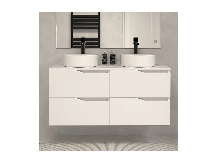 Meuble de salle de bain 120 avec plateau et 2 vasques à poser - sans miroir - 4 tiroirs - blanc - LUNA