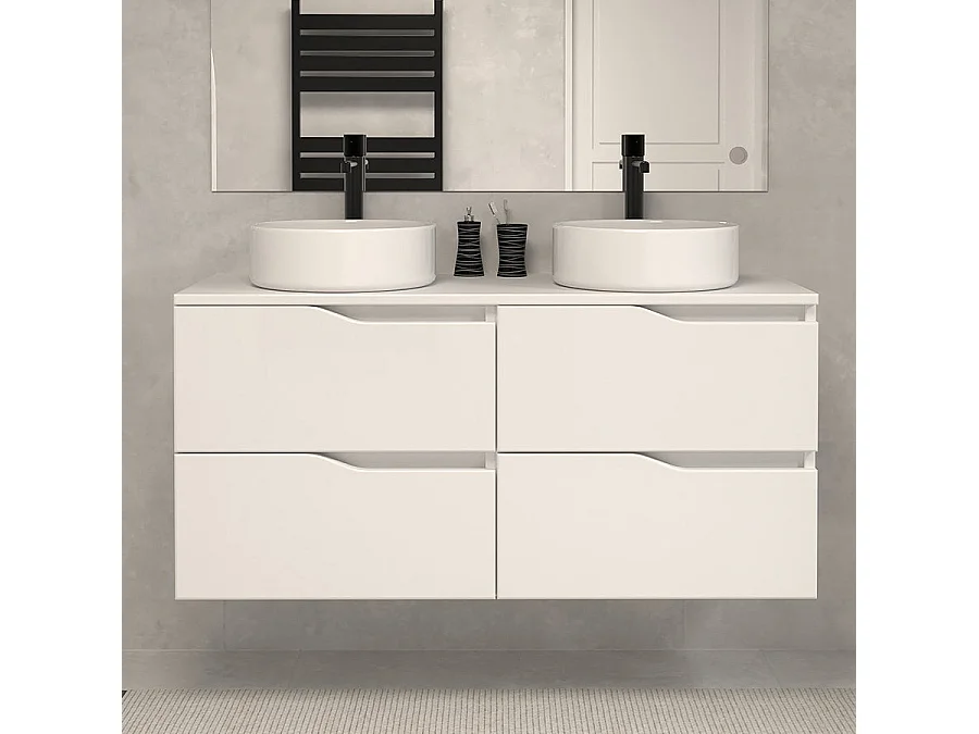 Meuble de salle de bain 120 avec plateau et 2 vasques à poser - sans miroir - 4 tiroirs - blanc - LUNA