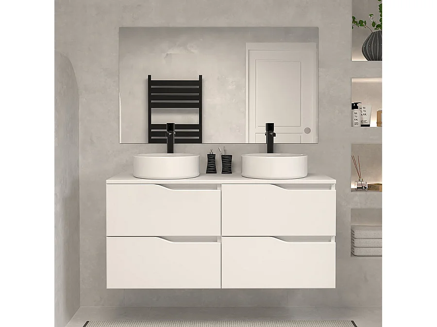 Meuble de salle de bain 120 avec plateau et 2 vasques à poser - sans miroir - 4 tiroirs - blanc - LUNA