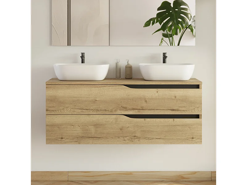Meuble de salle de bain 120cm avec plateau et 2 vasques à poser Zeus - 2 tiroirs - sans miroir - madera miel (bois clair) - LUNA