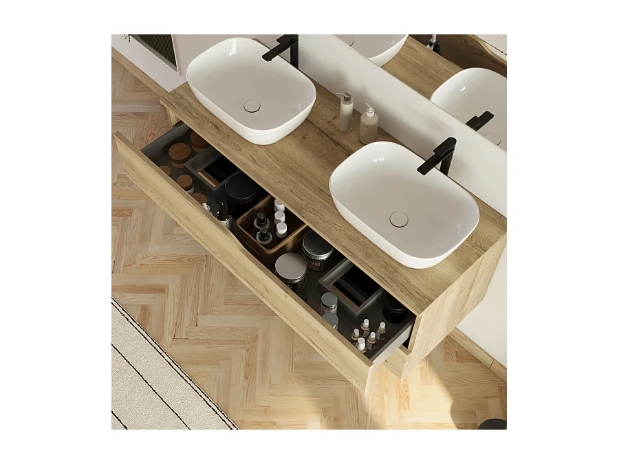 Meuble de salle de bain 120cm avec plateau et 2 vasques à poser Zeus - 2 tiroirs - sans miroir - madera miel (bois clair) - LUNA