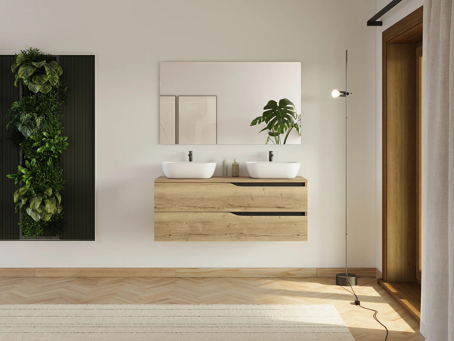 Meuble de salle de bain 120cm avec plateau et 2 vasques à poser Zeus - 2 tiroirs - sans miroir - madera miel (bois clair) - LUNA