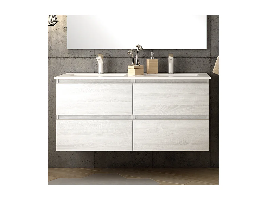 Meuble de salle de bain 140cm double vasque - 4 tiroirs - sans miroir - BALEA - hibernian (bois blanchi)