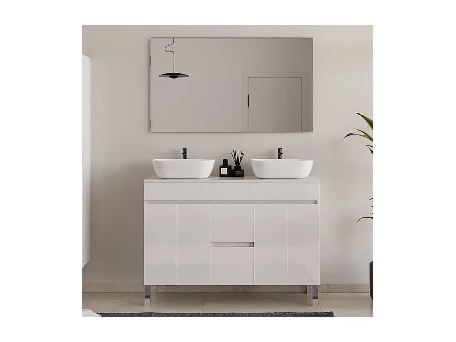 Meuble de salle de bain 120cm sur pieds avec plateau et deux cuves à poser arrondies - portes et tiroirs - blanc - HARO
