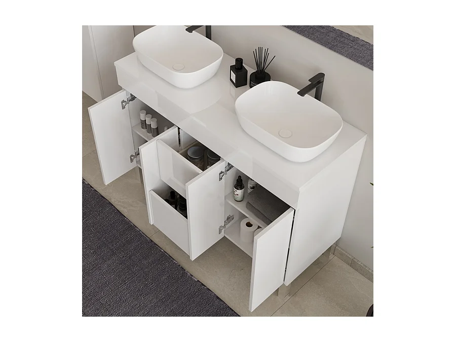 Meuble de salle de bain 120cm sur pieds avec plateau et deux cuves à poser arrondies - portes et tiroirs - blanc - HARO