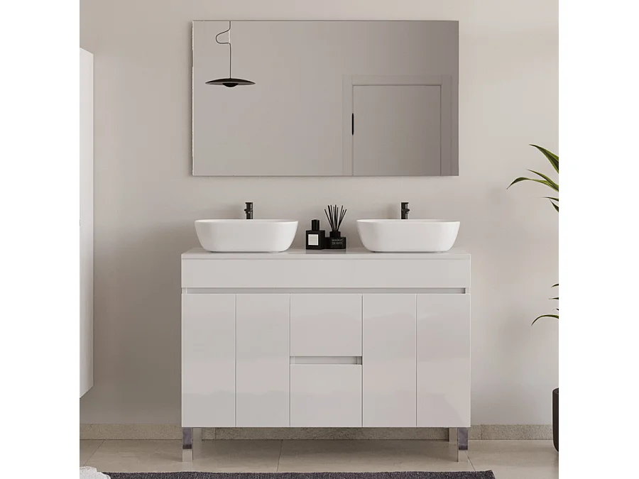 Meuble de salle de bain 120cm sur pieds avec plateau et deux cuves à poser arrondies - portes et tiroirs - blanc - HARO