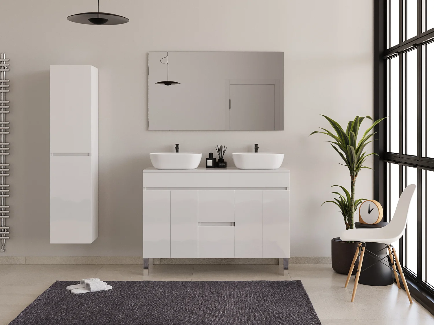 Meuble de salle de bain 120cm sur pieds avec plateau et deux cuves à poser arrondies - portes et tiroirs - blanc - HARO