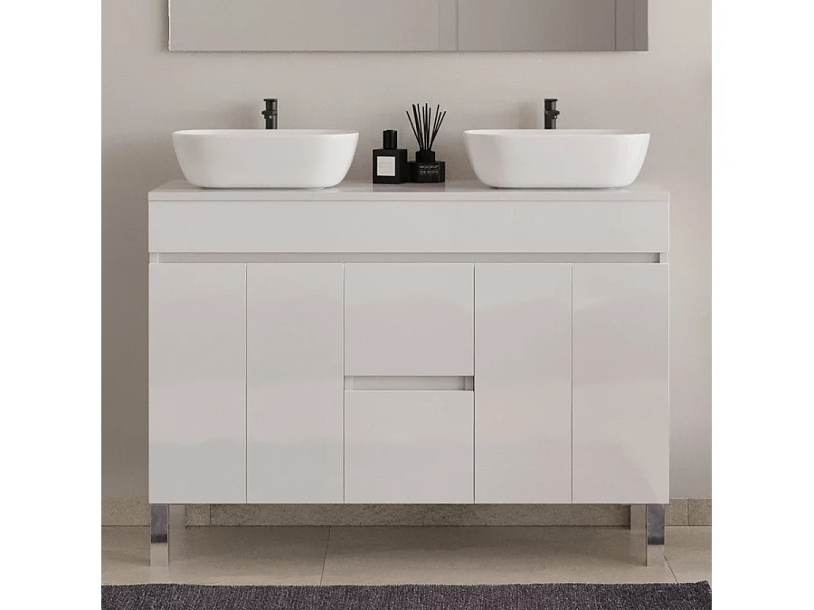 Meuble de salle de bain 120cm sur pieds avec plateau et deux cuves à poser arrondies - portes et tiroirs - blanc - HARO