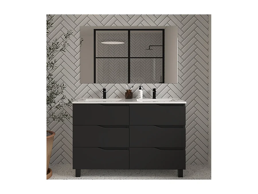 Meuble de salle de bain 120cm double vasque - 6 tiroirs - noir - MATA