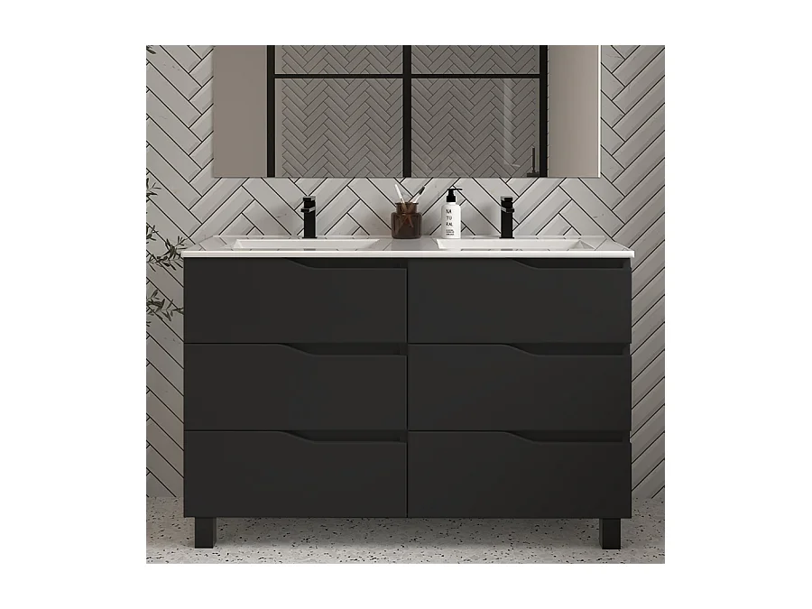 Meuble de salle de bain 120cm double vasque - 6 tiroirs - noir - MATA