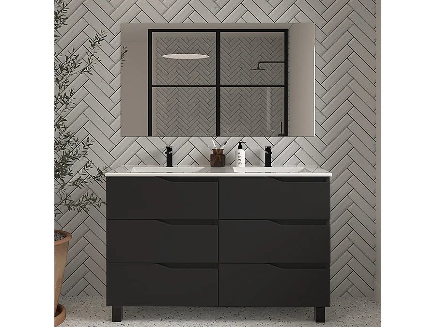 Meuble de salle de bain 120cm double vasque - 6 tiroirs - noir - MATA