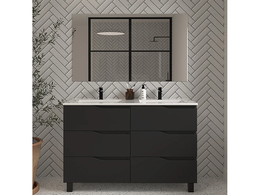 Meuble de salle de bain 120cm double vasque - 6 tiroirs - noir - MATA