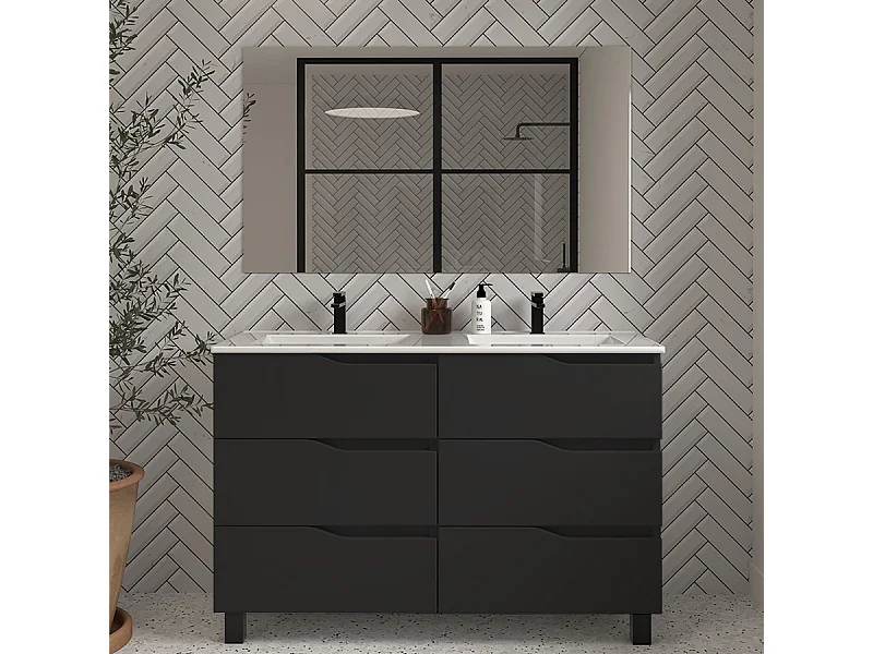 Meuble de salle de bain 120cm double vasque - 6 tiroirs - noir - MATA
