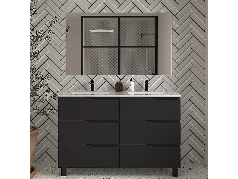 Meuble de salle de bain 120cm double vasque - 6 tiroirs - noir - MATA