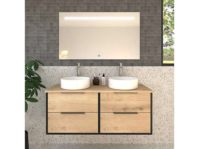 Meuble de salle de bain avec vasques rondes ALBA et miroir Led STAM - Noir - 120cm