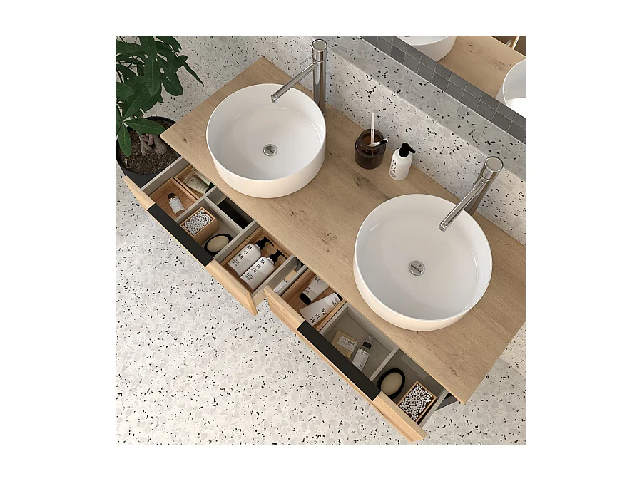 Meuble de salle de bain avec vasques rondes ALBA et miroir Led STAM - Noir - 120cm