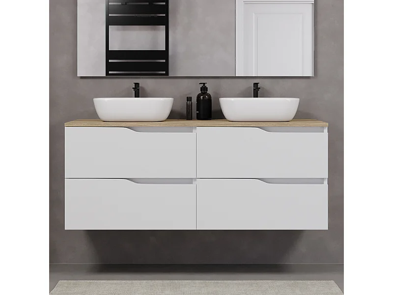 Meuble de salle de bain 140cm avec plateau miel et deux vasques à poser zeus - 4 tiroirs - sans miroir - blanc - LUNA