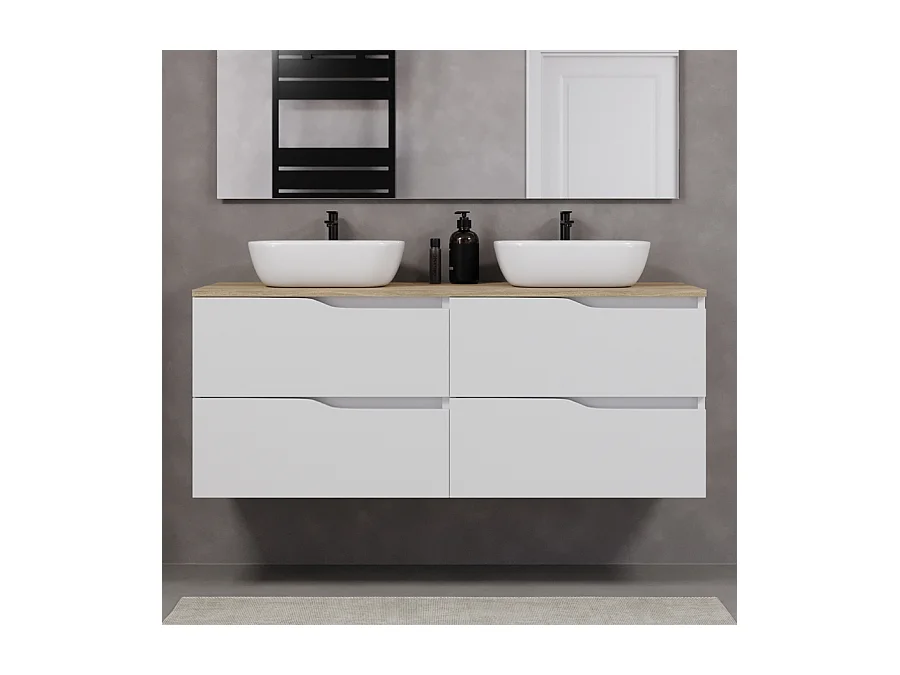 Meuble de salle de bain 140cm avec plateau miel et deux vasques à poser zeus - 4 tiroirs - sans miroir - blanc - LUNA