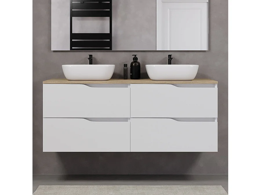 Meuble de salle de bain 140cm avec plateau miel et deux vasques à poser zeus - 4 tiroirs - sans miroir - blanc - LUNA