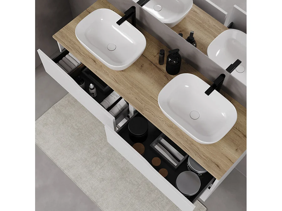 Meuble de salle de bain 140cm avec plateau miel et deux vasques à poser zeus - 4 tiroirs - sans miroir - blanc - LUNA