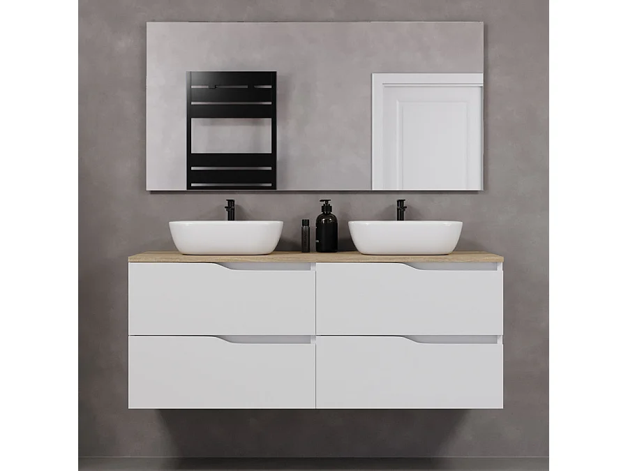 Meuble de salle de bain 140cm avec plateau miel et deux vasques à poser zeus - 4 tiroirs - sans miroir - blanc - LUNA