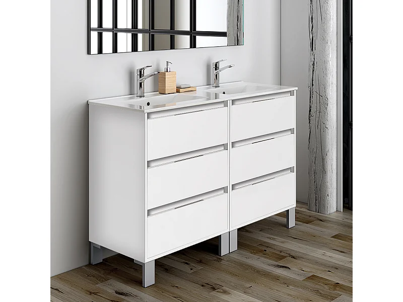 Meuble de salle de bain 120cm double vasque - 6 tiroirs - sans miroir - TIRIS 3C - blanc